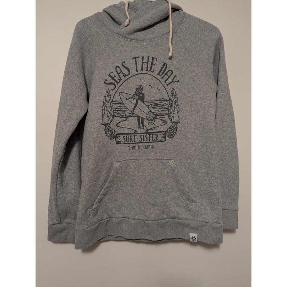 Surf Sister Tofino Women's Small Sweater Hoodie "Seas The Day" Gray Surfing